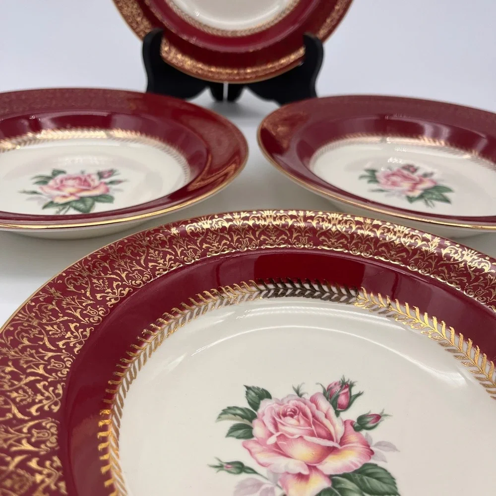 Homer Laughlin Lady Stratford Soup Bowl Set 4 Maroon Red Gold Rose Vintage